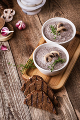 Hearty mushroom soup in ceramic bowl