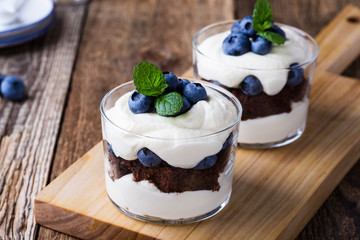 Blueberry chocolate cake  trifle in glass