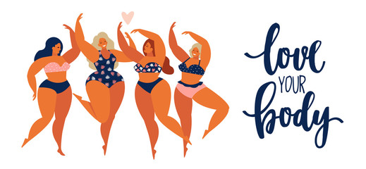Beauty girls body positive people concept group of happy women different in swimsuit.