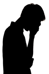 silhouette of a upset boy on a white isolated background, man face profile
