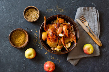 Grilled quails, apples and buckwheat