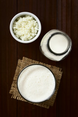 Frischer hausgemachter Kefir in Glas mit Kefirknollen und Milch an der Seite, fotografiert mit natürlichem Licht (Selektiver Fokus, Fokus auf das Kefirgetränk)