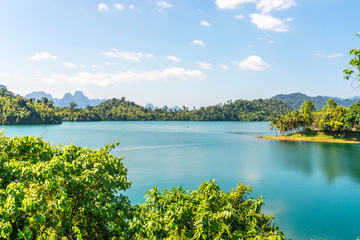 Tourist resorts at the Cheow Lan lake in the national park Khao Sok in the south of Thailand	