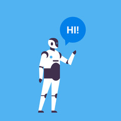 bot helper chatbot personal assistant chat bubble communication robot character artificial intelligence concept blue background flat full length vector illustration
