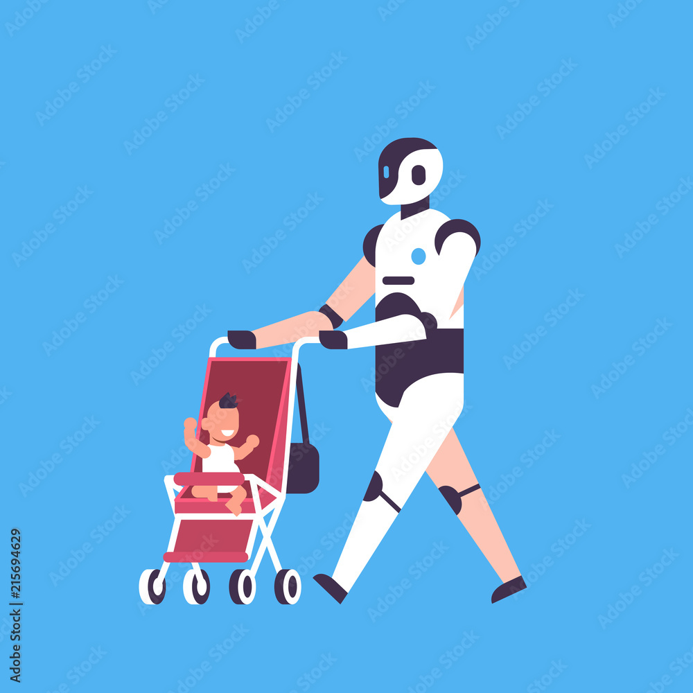 Poster modern robot babysitter walking stroller helper bot artificial intelligence technology concept blue 