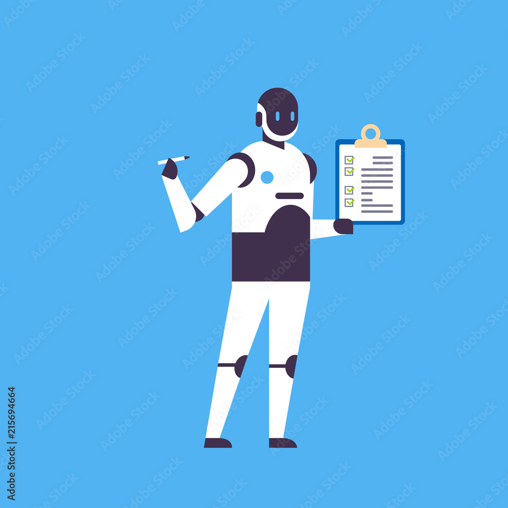 Poster modern robot hold checklist clipboard helper bot artificial intelligence technology concept blue bac