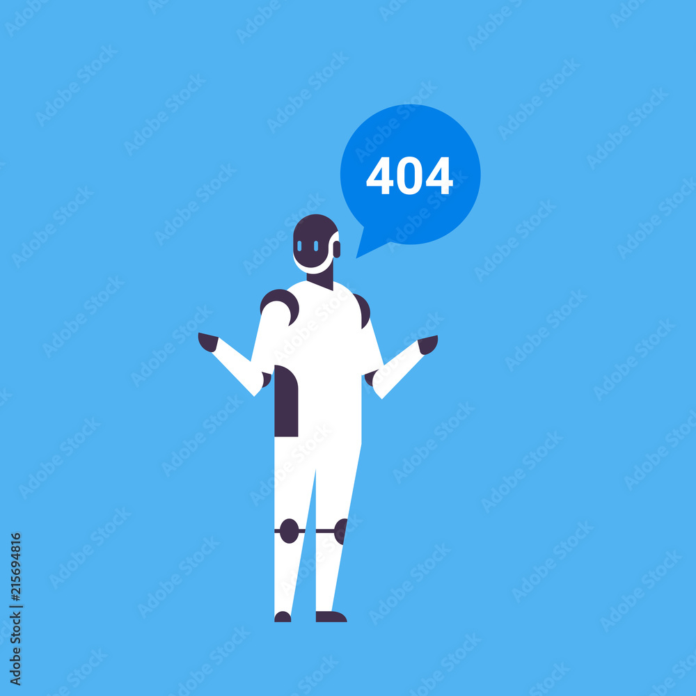 Poster modern robot error 404 message chat bubble bot helper concept artificial intelligence blue backgroun