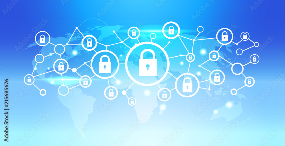Aufkleber world map futuristic padlock icon interface data privacy protection network connection concept blue 