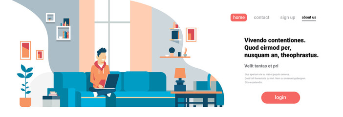 man using laptop living room interior home modern apartment male relax concept flat horizontal banner copy space vector illustration
