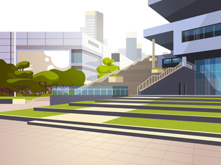 modern office building stairs exterior view over skyscraper buildings cityscape background horizontal flat vector illustration