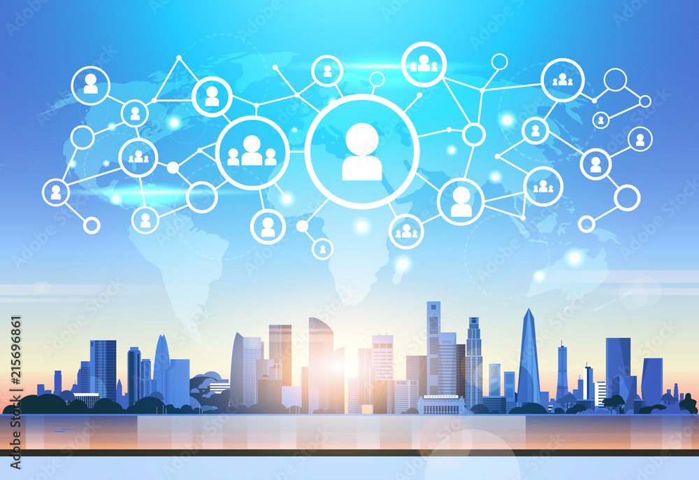 Poster world map futuristic user profile icon interface social media network connection concept cityscape b