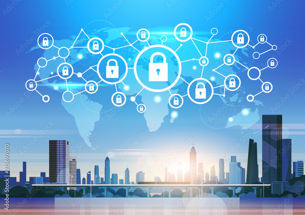 Poster world map futuristic interface padlock icon security protection network data privacy connection conc