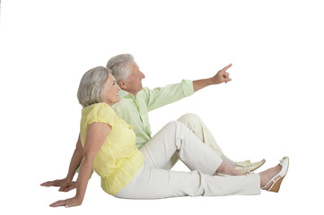 portrait of  senior couple pointing something