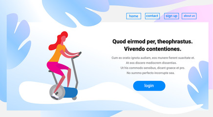 woman training exercise bike riding stationary bicycle cartoon character sport female activities isolated healthy lifestyle concept full length horizontal copy space flat vector illustration