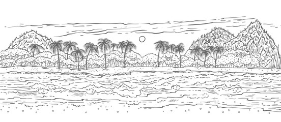 Sandy tropical island with sea waves surf and palm trees. Black white vector sketch landscape beach in ocean for summer holiday and tourism. Background for design cards or banner.