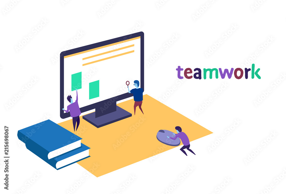 Poster search engine optimization people working together monitoring using magnifier teamwork concept isola