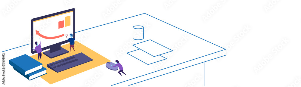 Poster financial graph arrow up people working together using magnifier teamwork concept workspace sketch d