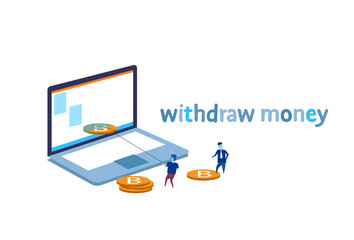 businessman pulling bitcoin out laptop monitor withdraw money concept business man mining crypto currency teamwork flat horizontal vector illustration