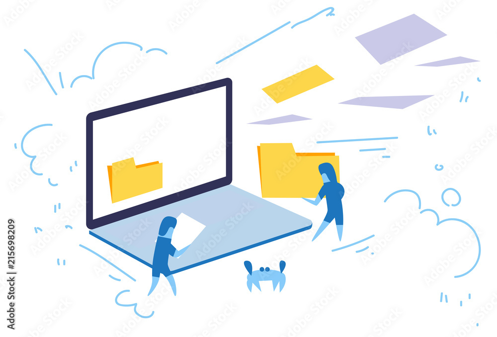 Aufkleber laptop screen businessman hold folder internet data privacy information concept online database hori