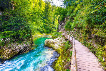 Vintgar gorge, Slovenia. River near the Bled lake with wooden tourist paths, bridges above river and waterfalls. Hiking in the Triglav national park. Fresh nature, blue water in the forest. Wild trees