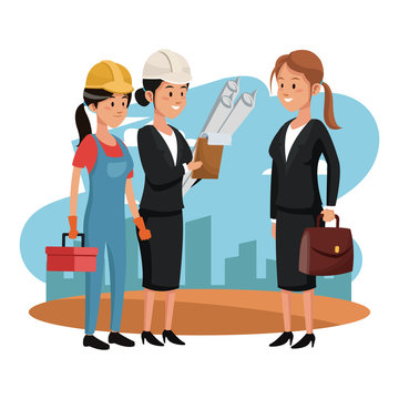 Businesswoman with architect and worker at construction zone vector illustration graphic design
