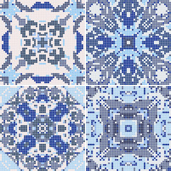 A collection of ceramic tiles in blue retro colors. A set of square patterns in ethnic style. Vector illustration.