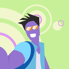 violet cartoon character man doing selfie green background glasses fabulous personage party concept flat vector illustration