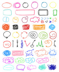 Multicolored infographic elements isolated on white. Set of different indicator signs. Tangled backdrops. Hand drawn simple objects. Line art. Abstract circles, arrows and rectangles. Symbols for work