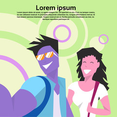violet couple cartoon character man woman doing selfie green background glasses fabulous personage party concept copy space flat vector illustration