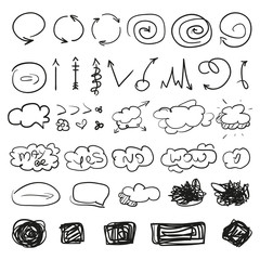 Big set of different signs. Hand drawn simple symbols for design. Line art. Infographic elements on white. Abstract circles, arrows, clouds and rectangle. Sketchy doodles for work