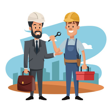 Worker and architect at construction zone vector illustration graphic design