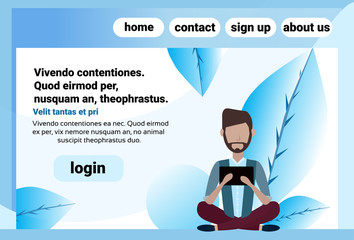 man beard mustache sitting pose using tablet male faceless cartoon character copy space horizontal flat vector illustration