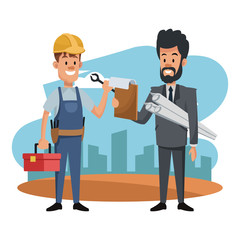 Obraz premium Young architect with plans and clipboard talking with construction worker vector illustration graphic design