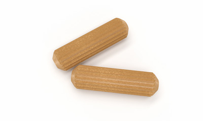 3D realistic render of two wooden dowel. Isolated on white background.