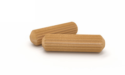 3D realistic render of two wooden dowel. Isolated on white background.