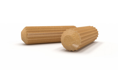 3D realistic render of two wooden dowel. Isolated on white background.