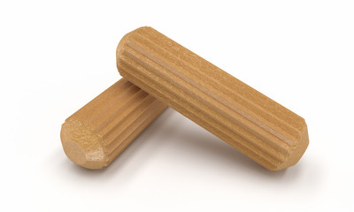 3D realistic render of two wooden dowel. Isolated on white background.