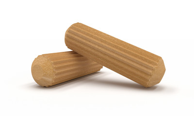 3D realistic render of two wooden dowel. Isolated on white background.