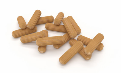 3D realistic render of multiple wooden dowel. Isolated on white background.