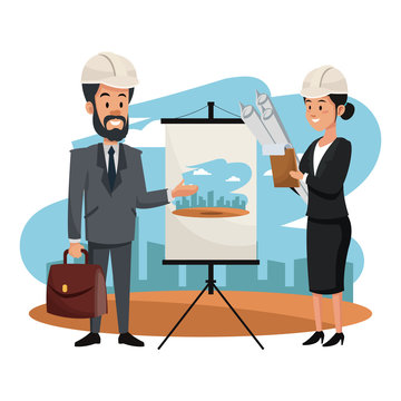 Engineer and woman architect with plans on whiteboard vector illustration graphic design