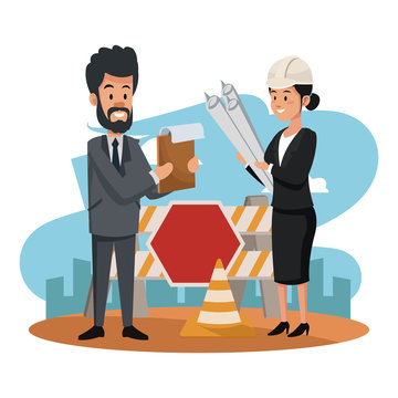 Businessman and woman architect at construction zone vector illustration graphic design