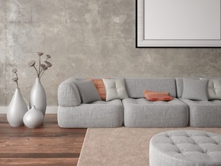 Mock up a stylish living room with a large gray sofa and a trendy hipster background.