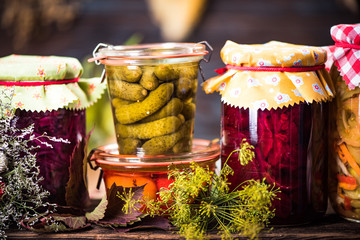 Healthy Diet, Marinated Fermented Pickled Vegetables in jars