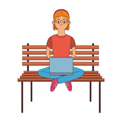 Young woman seated on chair using laptop vector illustration graphic design