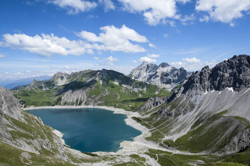 Fototapeta na wymiar Beautiful Luenersee in the heart of the Raetikon Mountains, Vorarlberg, Austria Europe