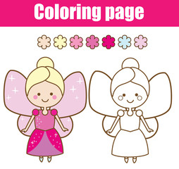 Coloring page with cute fairy character in kawaii style. Drawing kids game. Printable activity