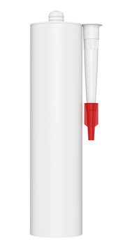 3D Realistic Render Of Single Clean Blank Sealant, Cement, Glue, Silicon Tube, Isolated On White Background. Red Lid.