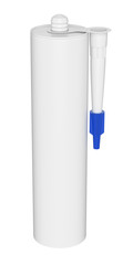 3D realistic render of single clean blank sealant, cement, glue, silicon tube, isolated on white background. Blue lid.