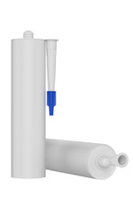 3D realistic render of two clean blank sealant, cement, glue, silicon tube, isolated on white background. Blue lid.