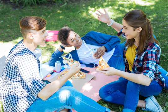 Relaxing picnic. Three stylish beaming students relaxing while having picnic on summer day together